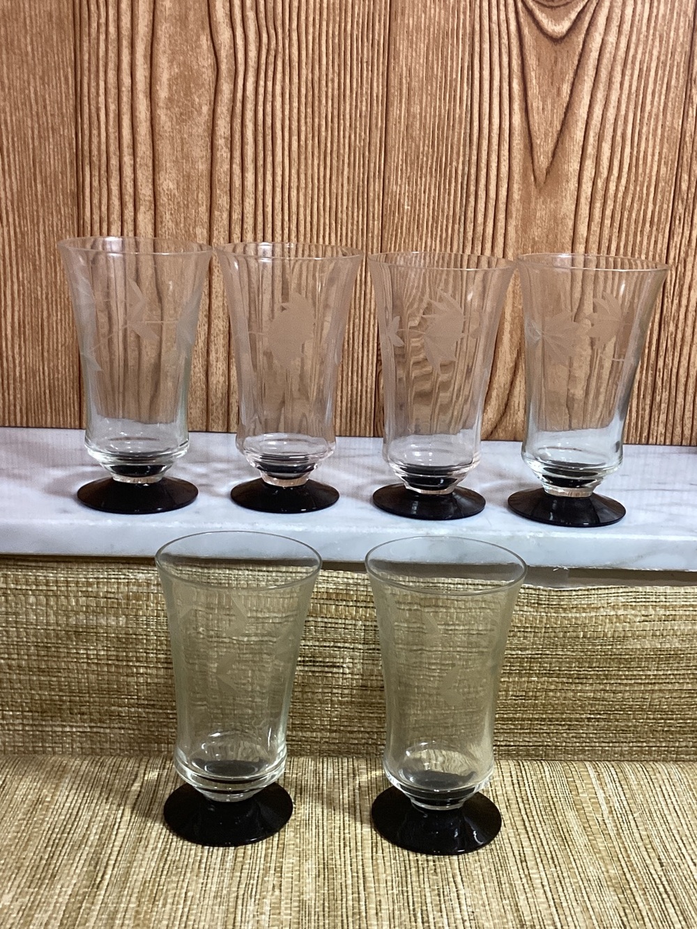 Vintage Etched Clear Glass Footed Cordial Glasses with Black Bases 6 holds 4 oz